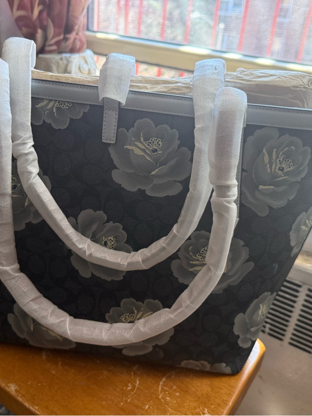 Coach Edie 31 Charcoal Sky Signature Rose Print Shoulder Bag Leather Canvas NEW - Picture 4 of 6